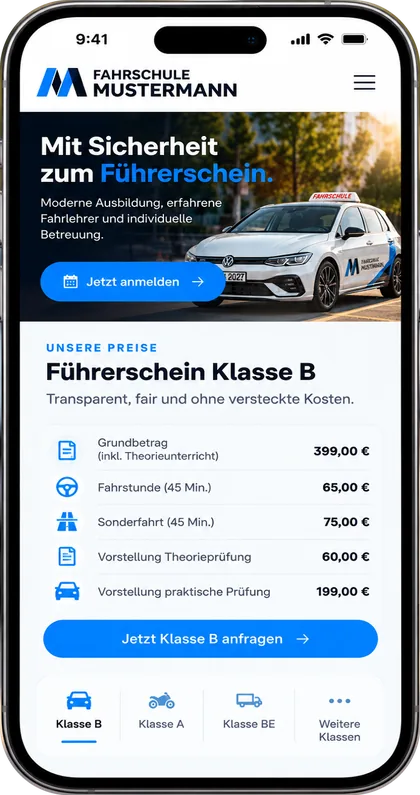 Example of a driving school website on a smartphone with a transparent price overview for a class B licence