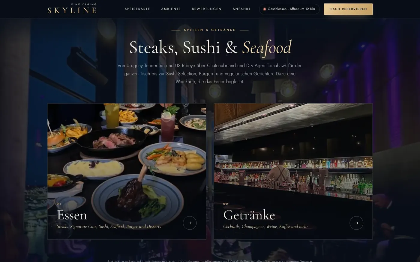 Skyline demo website: food and drinks section