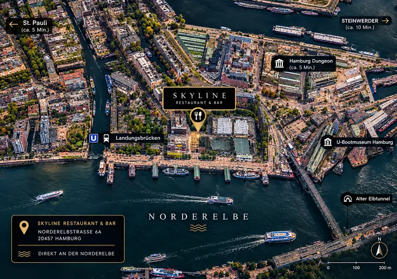 Kartenansicht: Restaurant Skyline an der Norderelbe mit Landungsbrücken, Alter Elbtunnel und U-Bootmuseum. Zum Öffnen in Google Maps klicken.