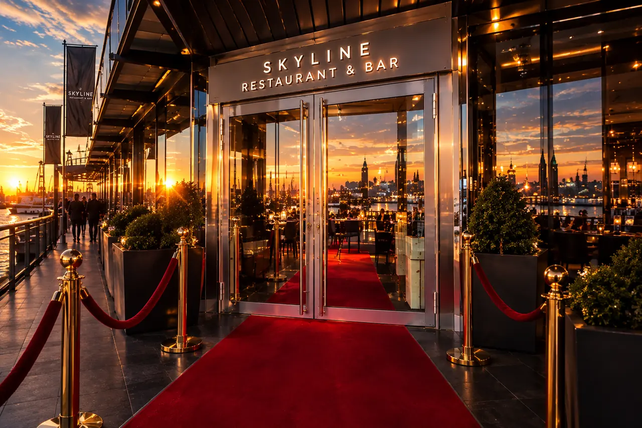 Eingang des Restaurant Skyline mit rotem Teppich bei Sonnenuntergang am Hamburger Hafen